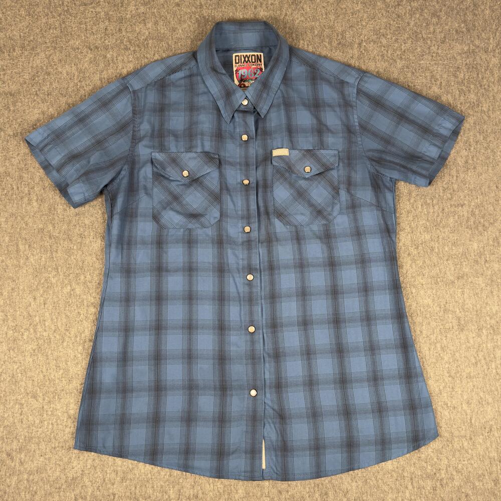 Dixxon 1962 Shirt Womens Large Blue Plaid Short Sleeve Snap Front Bamboo Casual